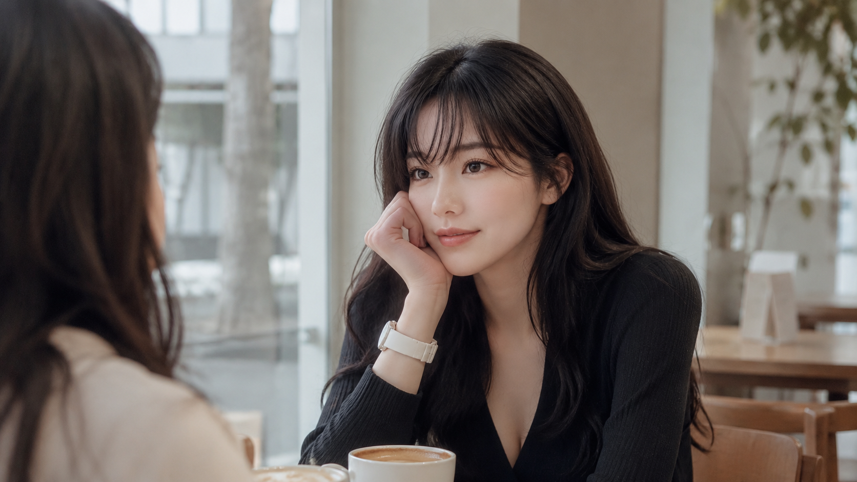 카페에서 상대의 말에 자연스럽게 공감하며 맞장구치는 대화 장면