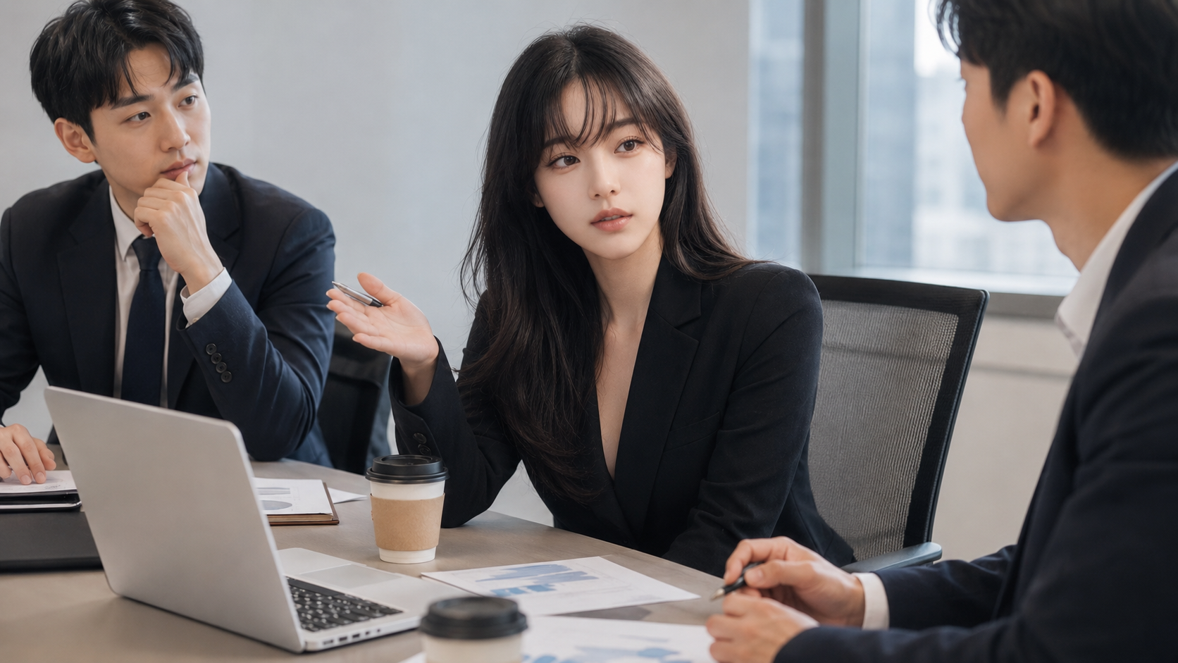 직장 회의에서 Could you 표현으로 정중하게 설명을 요청하는 장면