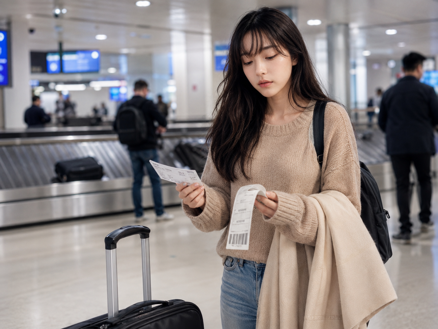 여행자가 예약 내역과 영수증을 확인하는 장면