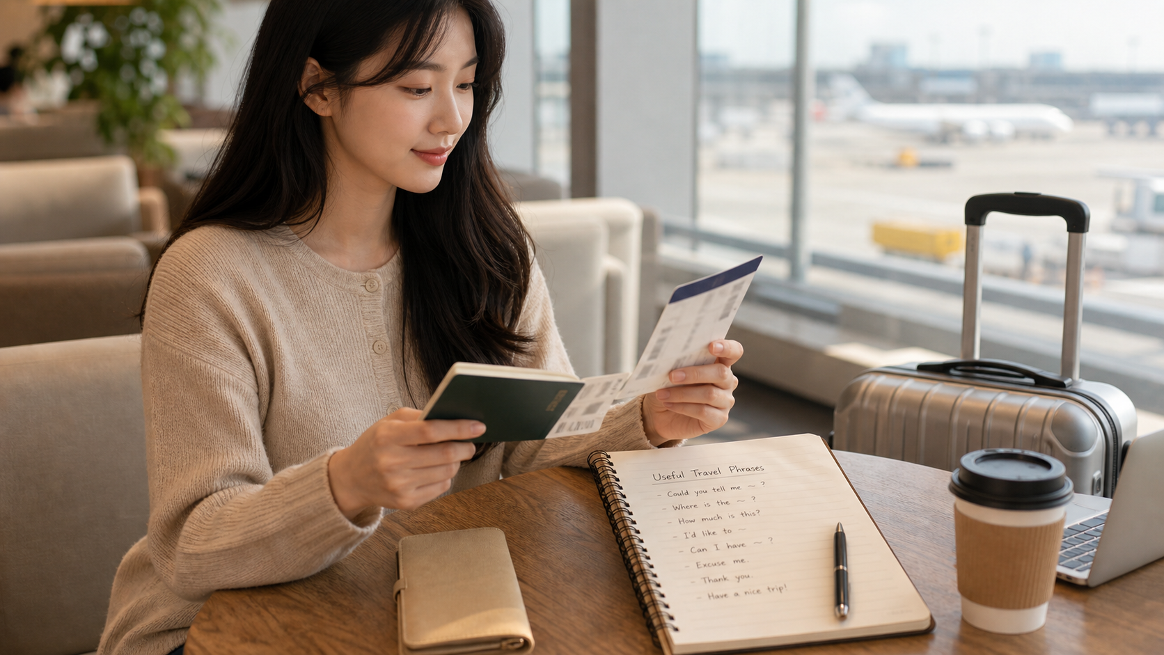 여행자가 공항 체크인 전 여권과 영어 문장을 확인하는 장면