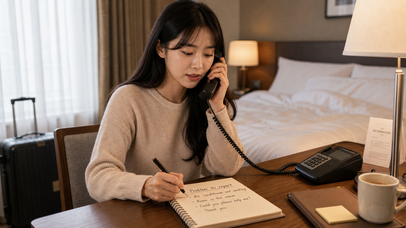 호텔 객실에서 프런트에 영어로 문제를 설명하는 여행자