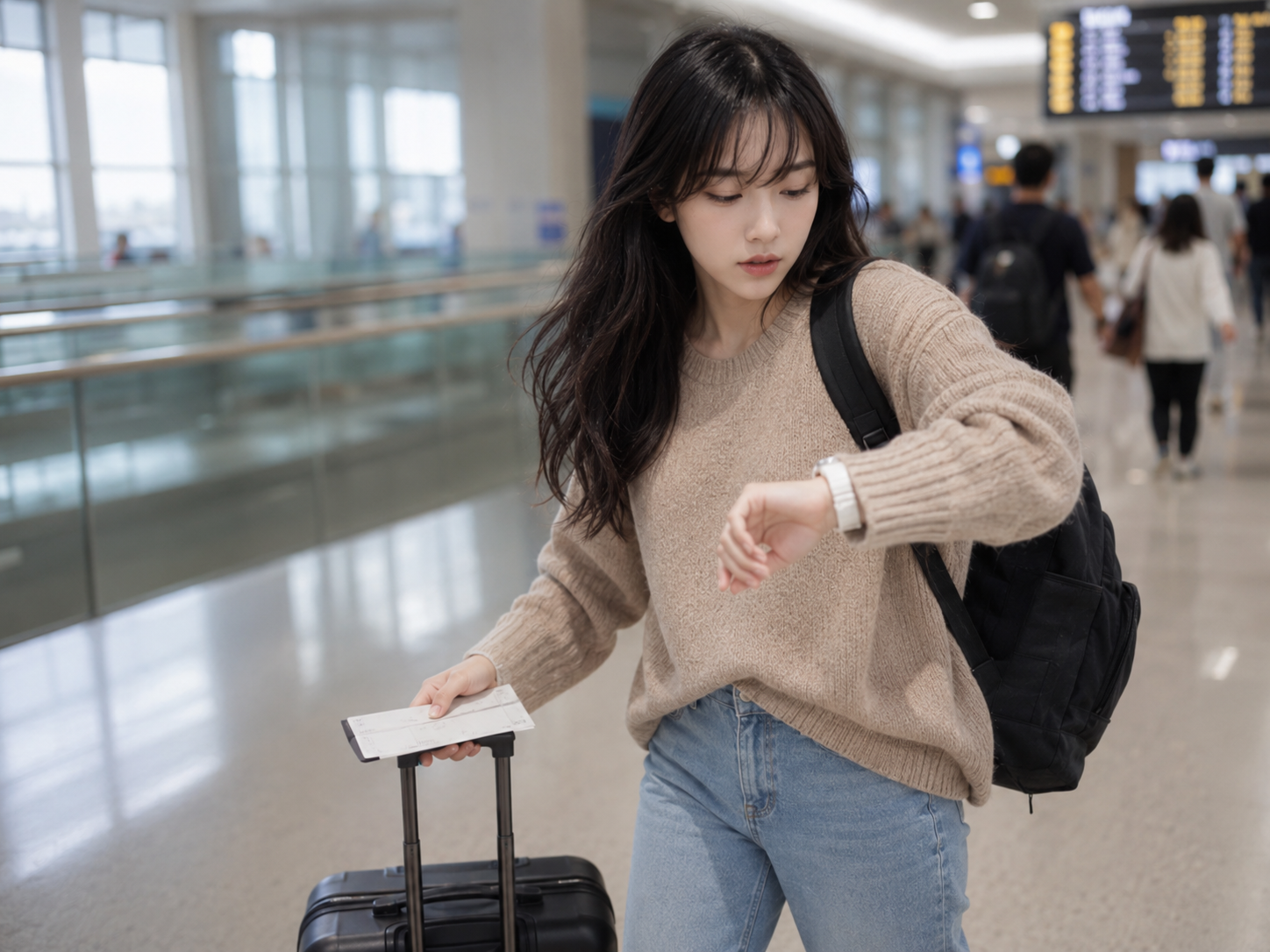 환승 시간이 촉박해 공항 게이트 표지판을 확인하는 여행자