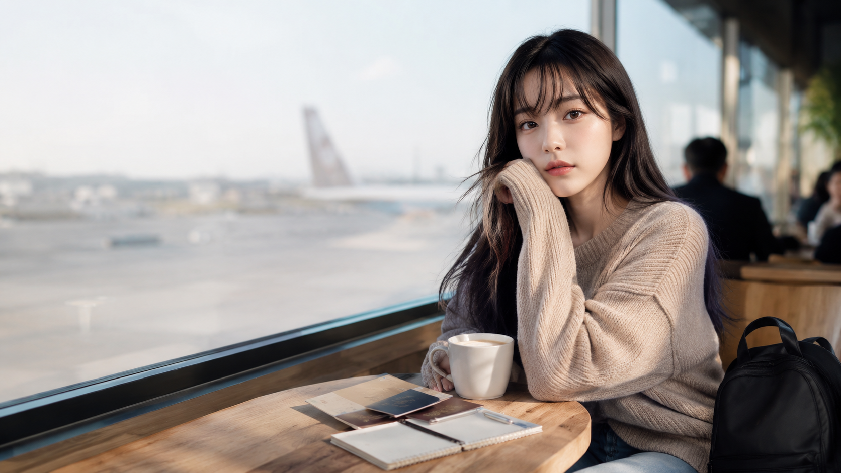 공항 환승 영어 표현을 준비하며 게이트 표지판을 확인하는 여행자