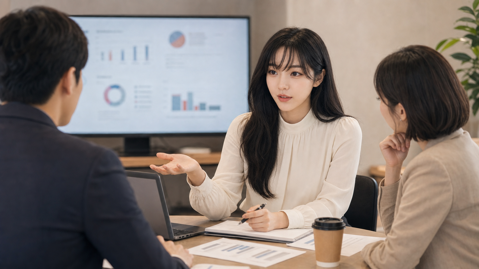 직장 회의에서 동료의 의견을 영어로 물으며 대화하는 장면