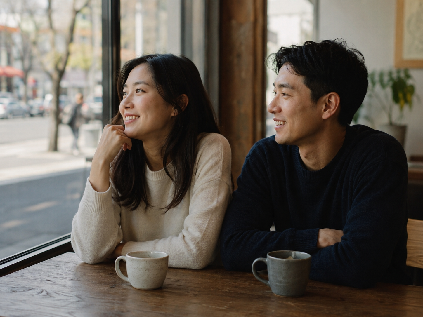 카페 창가에서 날씨를 보며 자연스럽게 대화하는 사람들