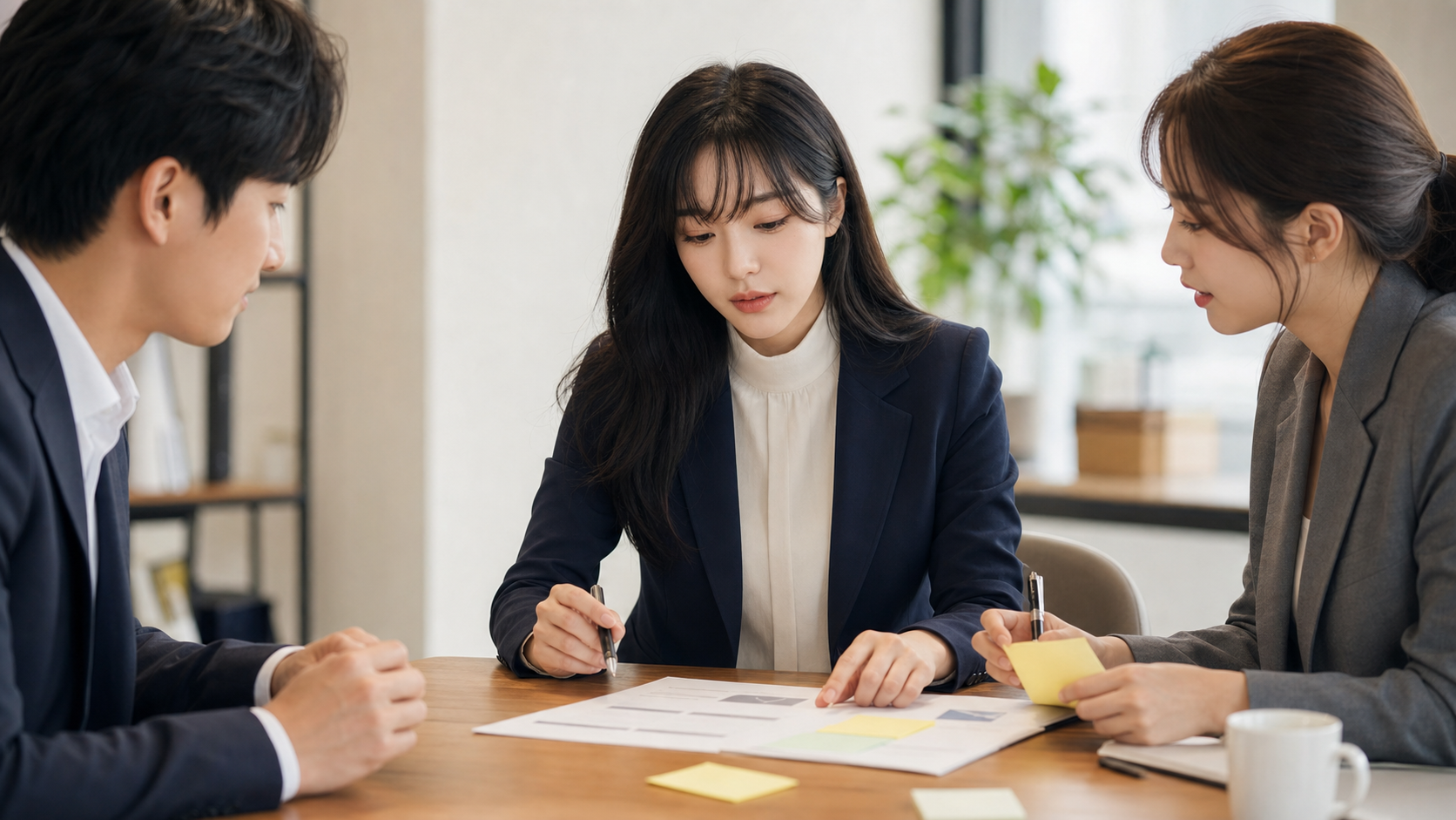 외부 팀과의 협업 요청 이메일을 준비하며 회의하는 직장인들