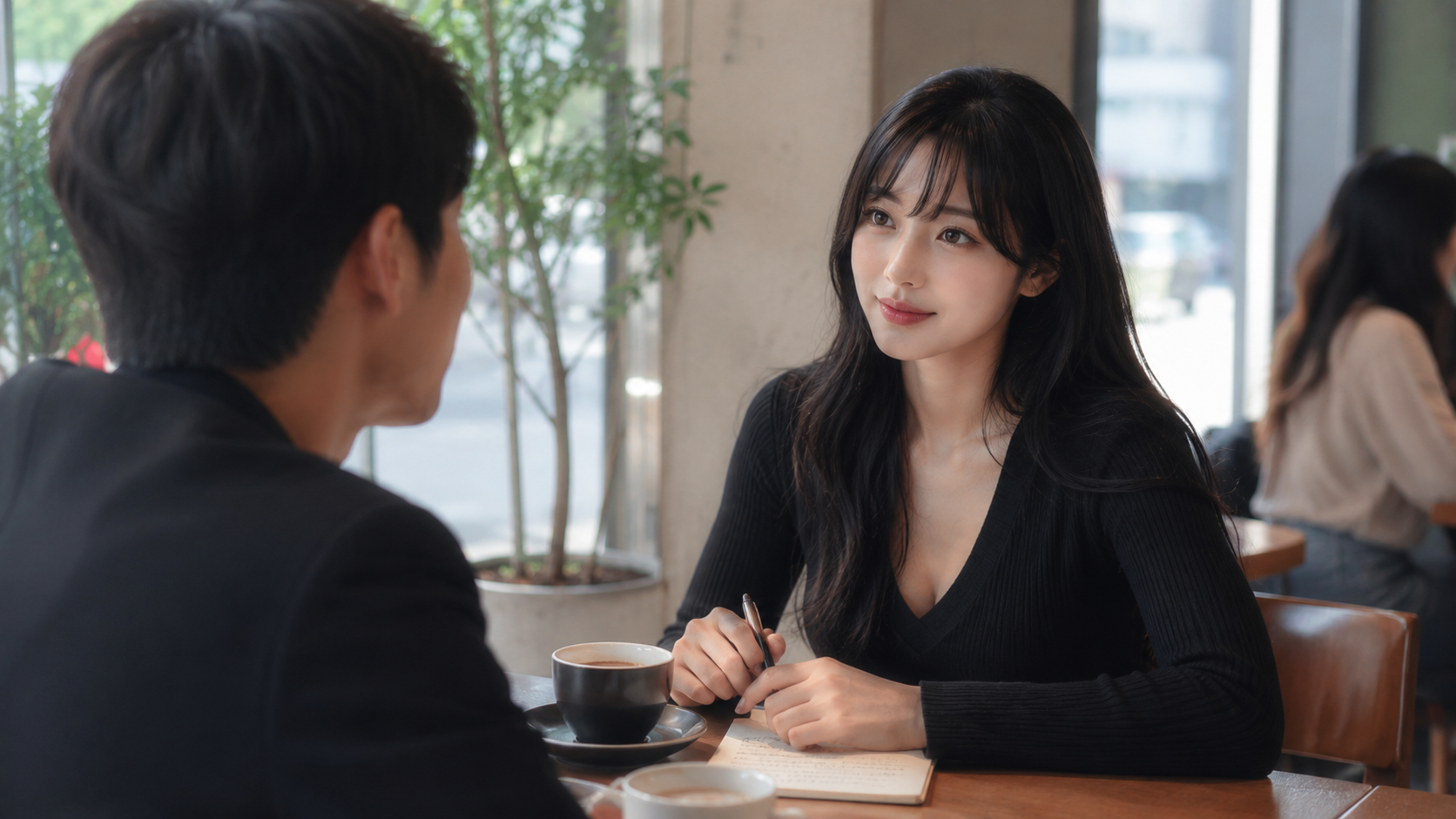 카페에서 자연스럽게 영어로 대화를 시작하는 모습