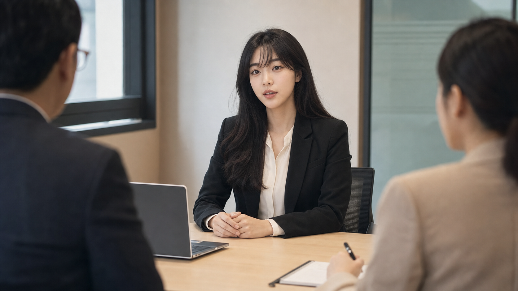 영어 면접에서 지원자가 차분하게 자기소개를 말하는 장면