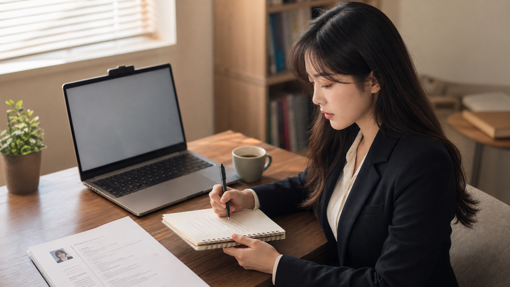 면접을 앞둔 직장인이 PSST 순서로 영어 자기소개를 준비하는 장면