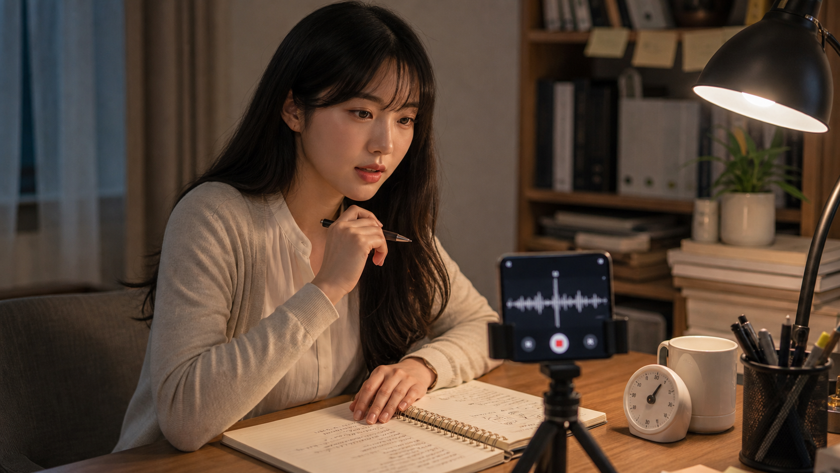 영어 자기소개를 녹음하며 말하기 속도와 길이를 점검하는 장면