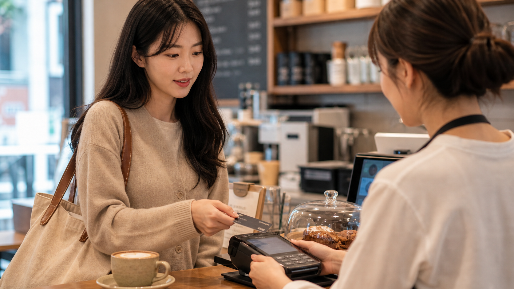 해외 카페 계산대에서 여행자가 카드 결제를 준비하는 장면