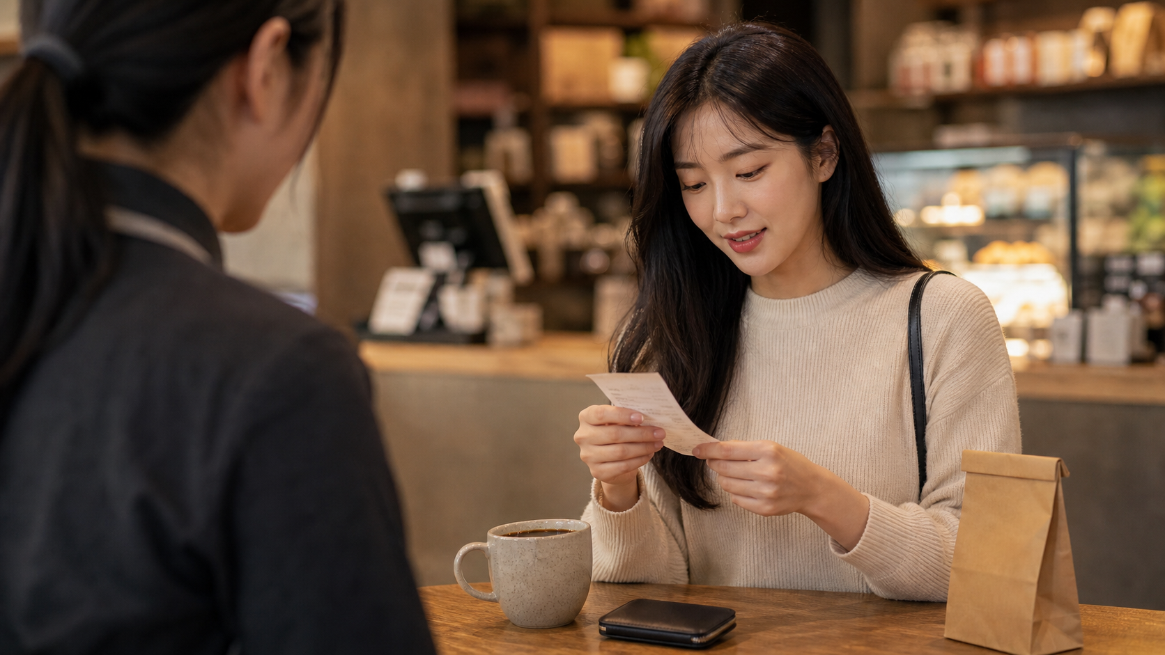 카페 결제 후 영수증을 확인하며 짧게 인사하는 장면