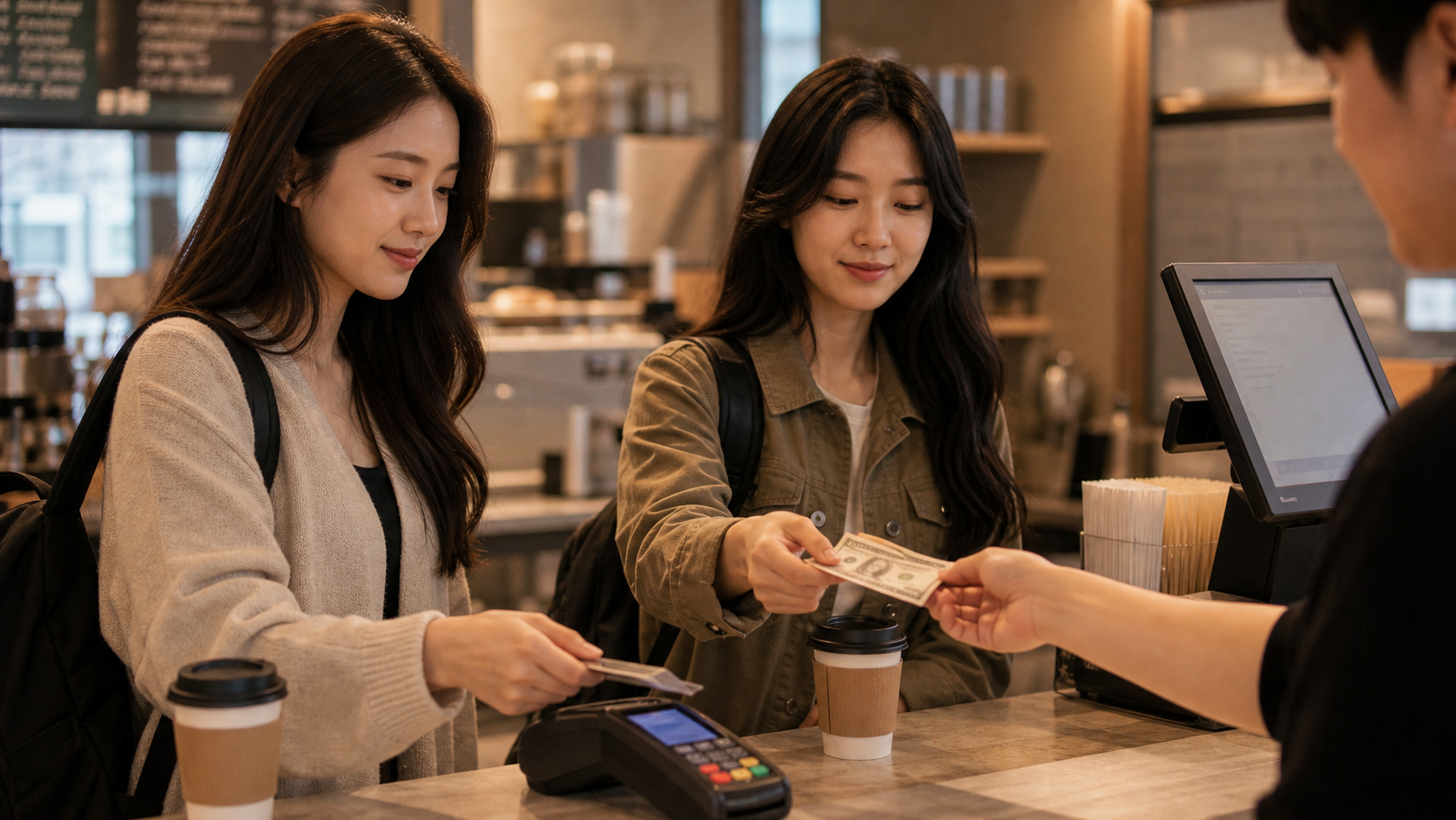 친구 두 명이 카페 계산대에서 각자 결제하는 장면