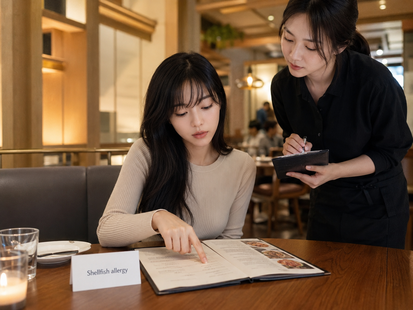 레스토랑에서 여행자가 직원에게 재료와 알레르기를 확인하는 장면