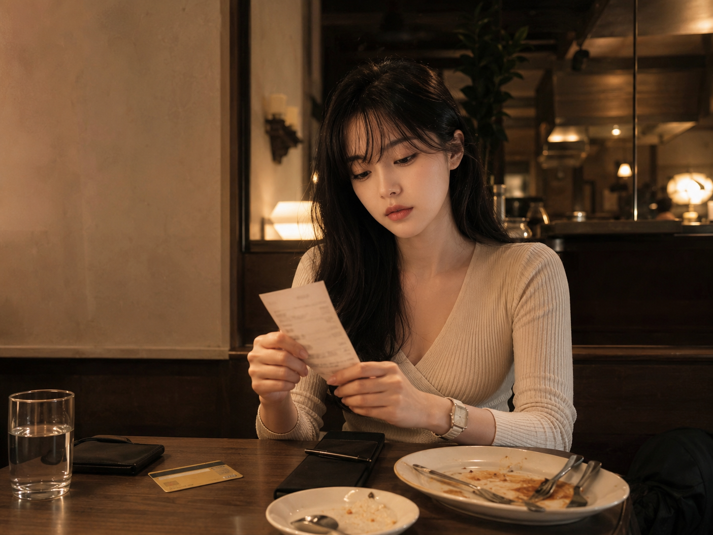식사를 마친 여행자가 레스토랑에서 계산서를 확인하는 장면