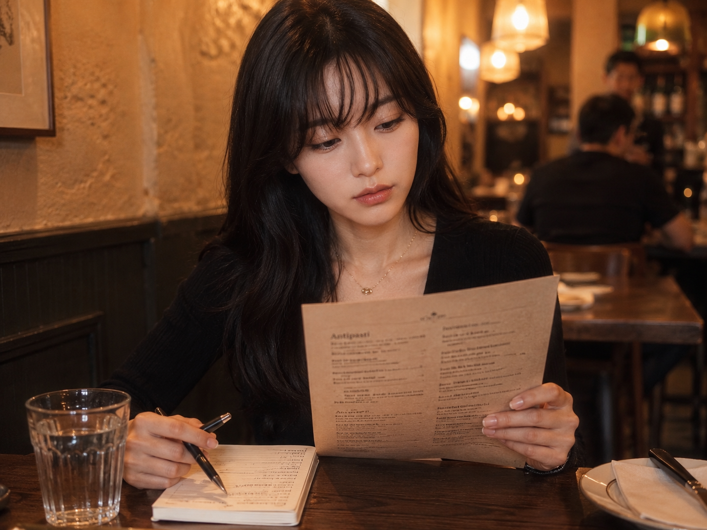 해외 레스토랑에서 여행자가 메뉴를 보며 영어 주문을 준비하는 장면