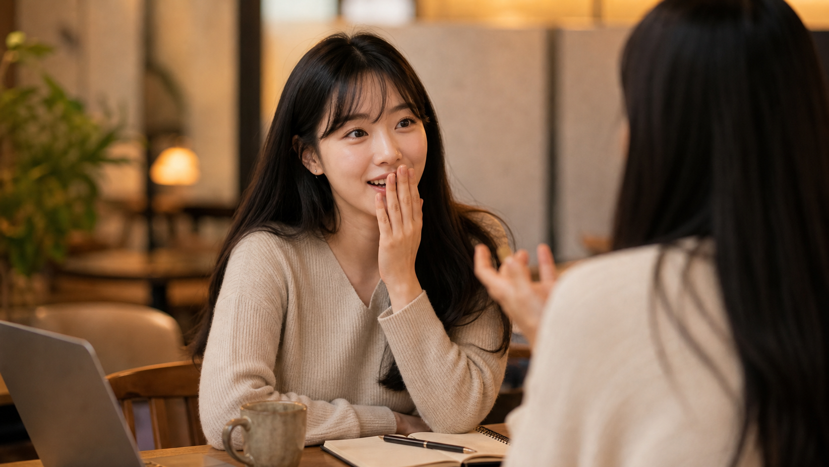 카페에서 좋은 소식을 듣고 영어로 자연스럽게 놀라며 축하하는 장면