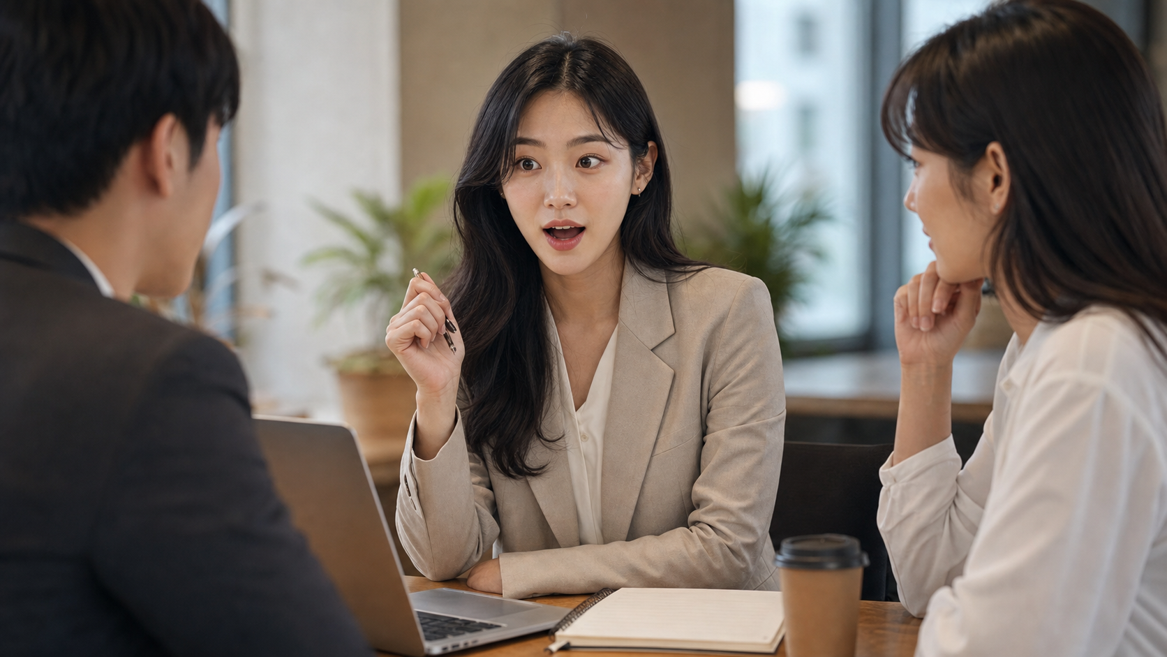 직장 회의에서 예상 밖의 소식을 듣고 차분하게 영어로 반응하는 장면